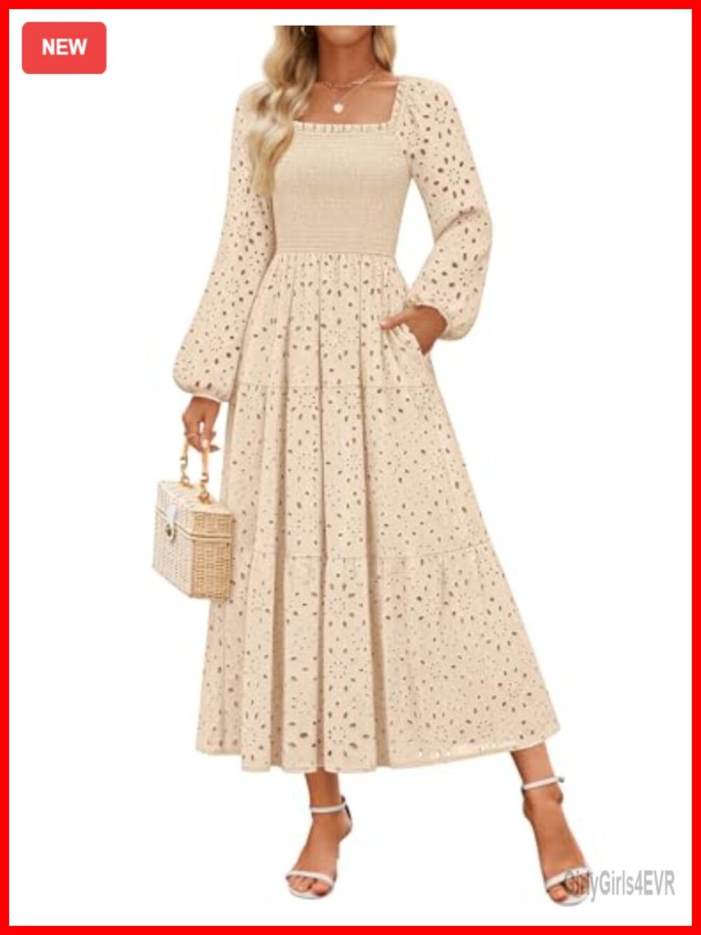 ZESICA Women's Eyelet Long Sleeve Maxi Dress Smocked Waist Ruffle Tiered